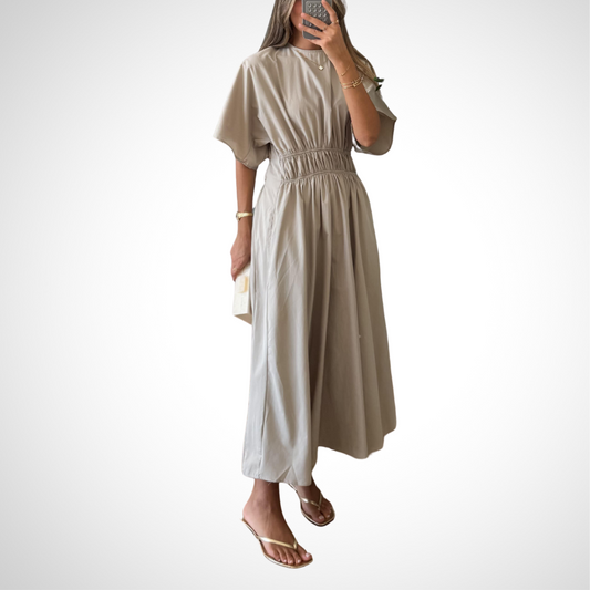 Taupe Smocked Waist Dolman Sleeve Maxi Dress - WOOLX