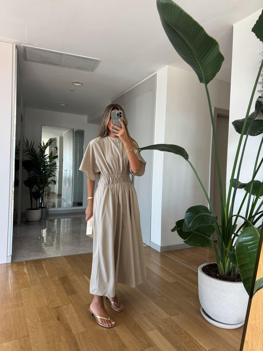Taupe Smocked Waist Dolman Sleeve Maxi Dress - WOOLX
