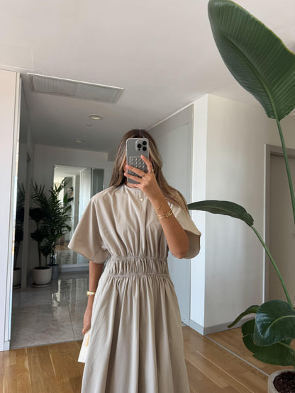 Taupe Smocked Waist Dolman Sleeve Maxi Dress - WOOLX