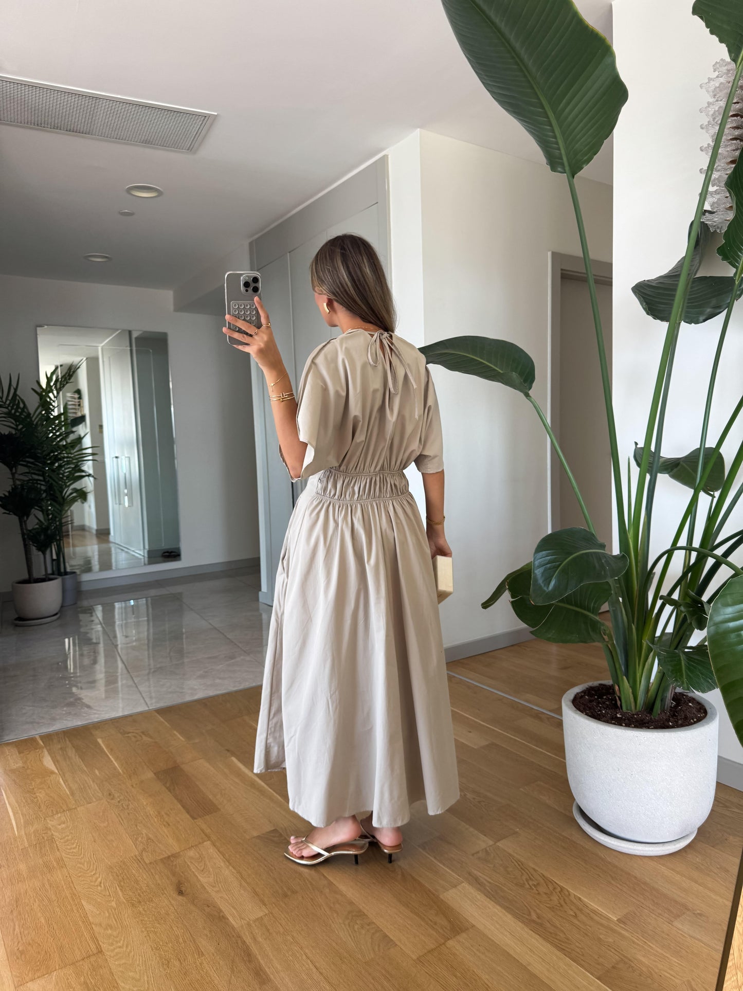 Taupe Smocked Waist Dolman Sleeve Maxi Dress - WOOLX