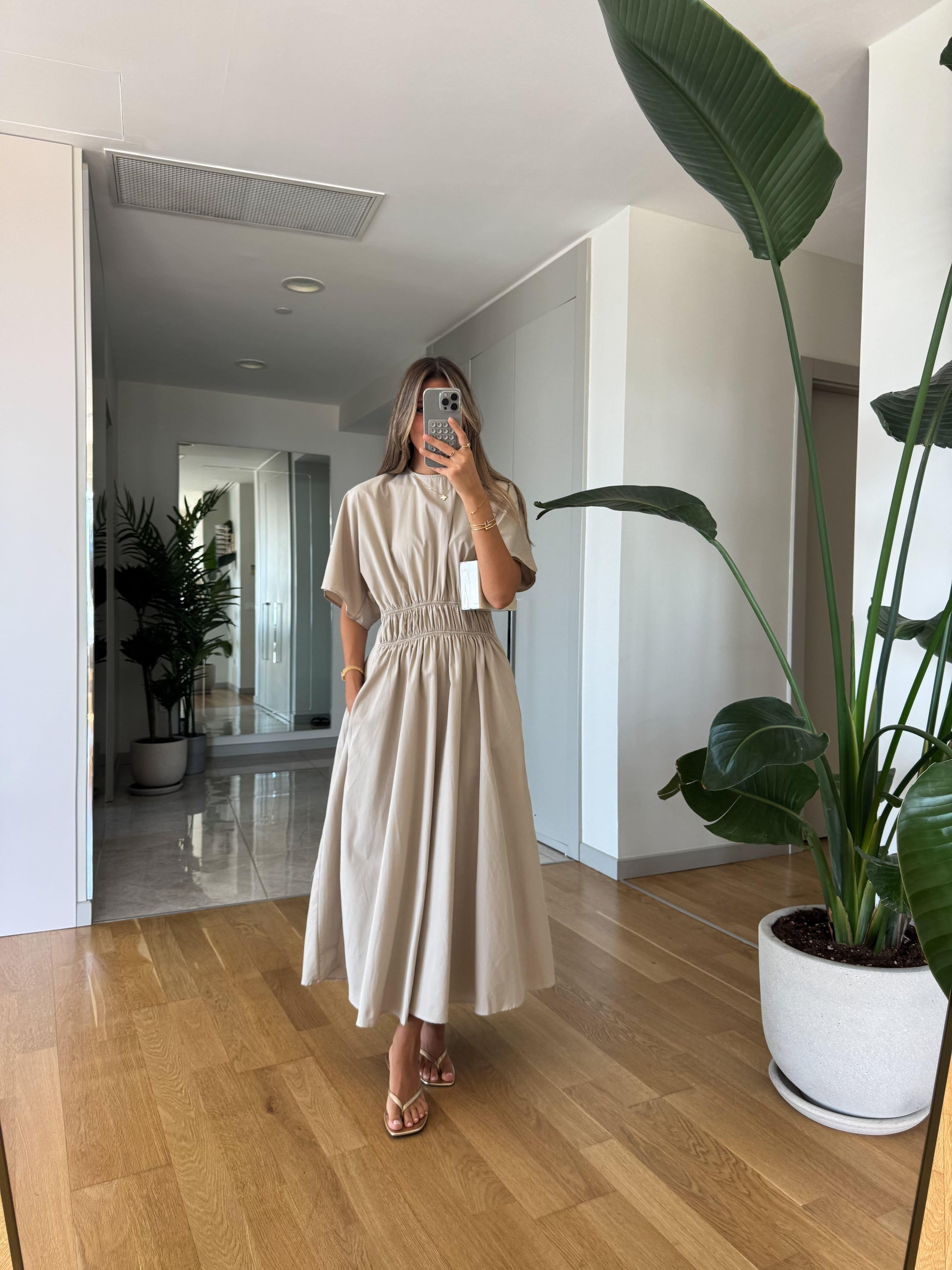 Taupe Smocked Waist Dolman Sleeve Maxi Dress - WOOLX