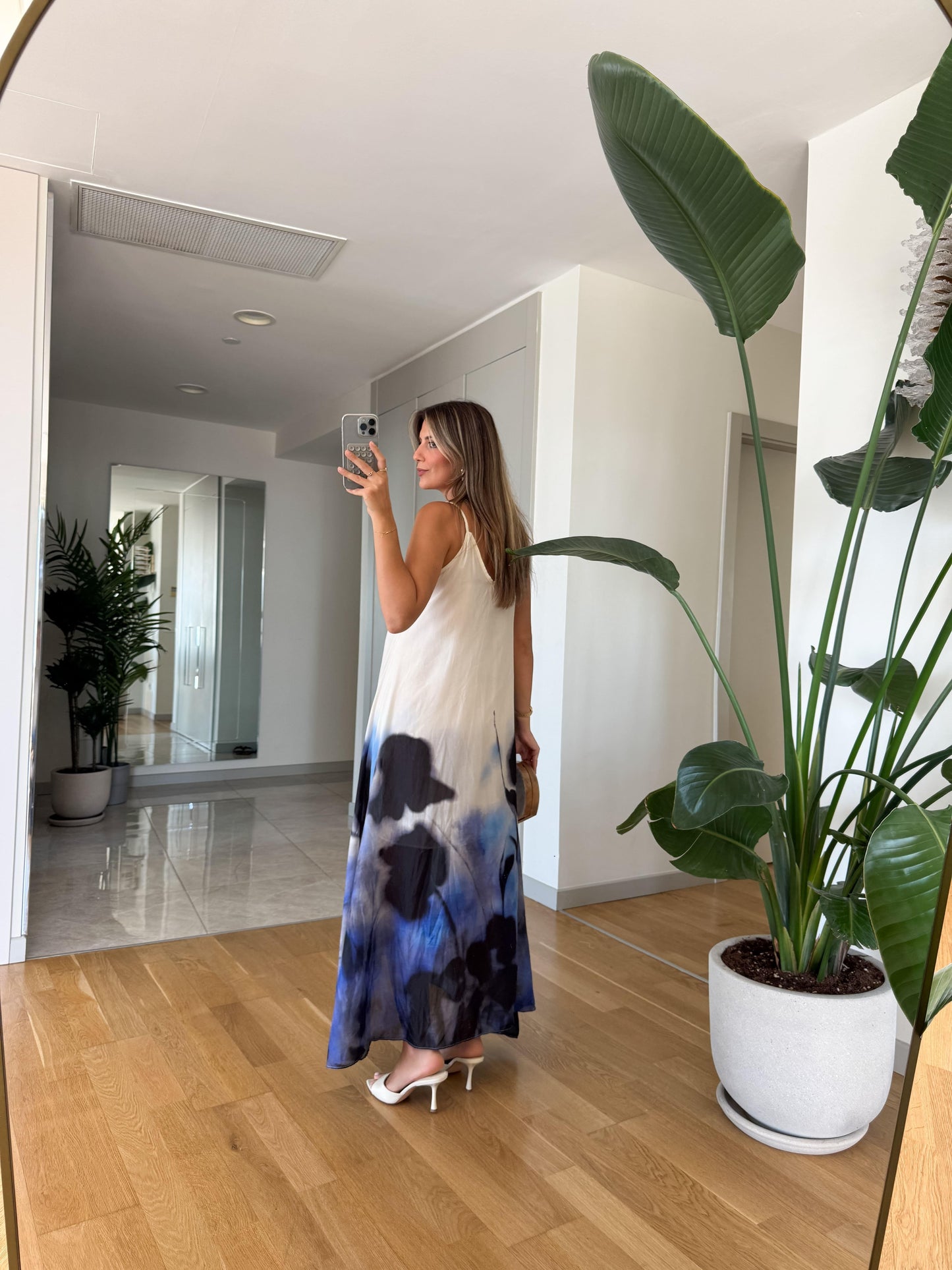 White And Blue Tie Dye Spaghetti Strap Asymmetric Maxi Dress - WOOLX