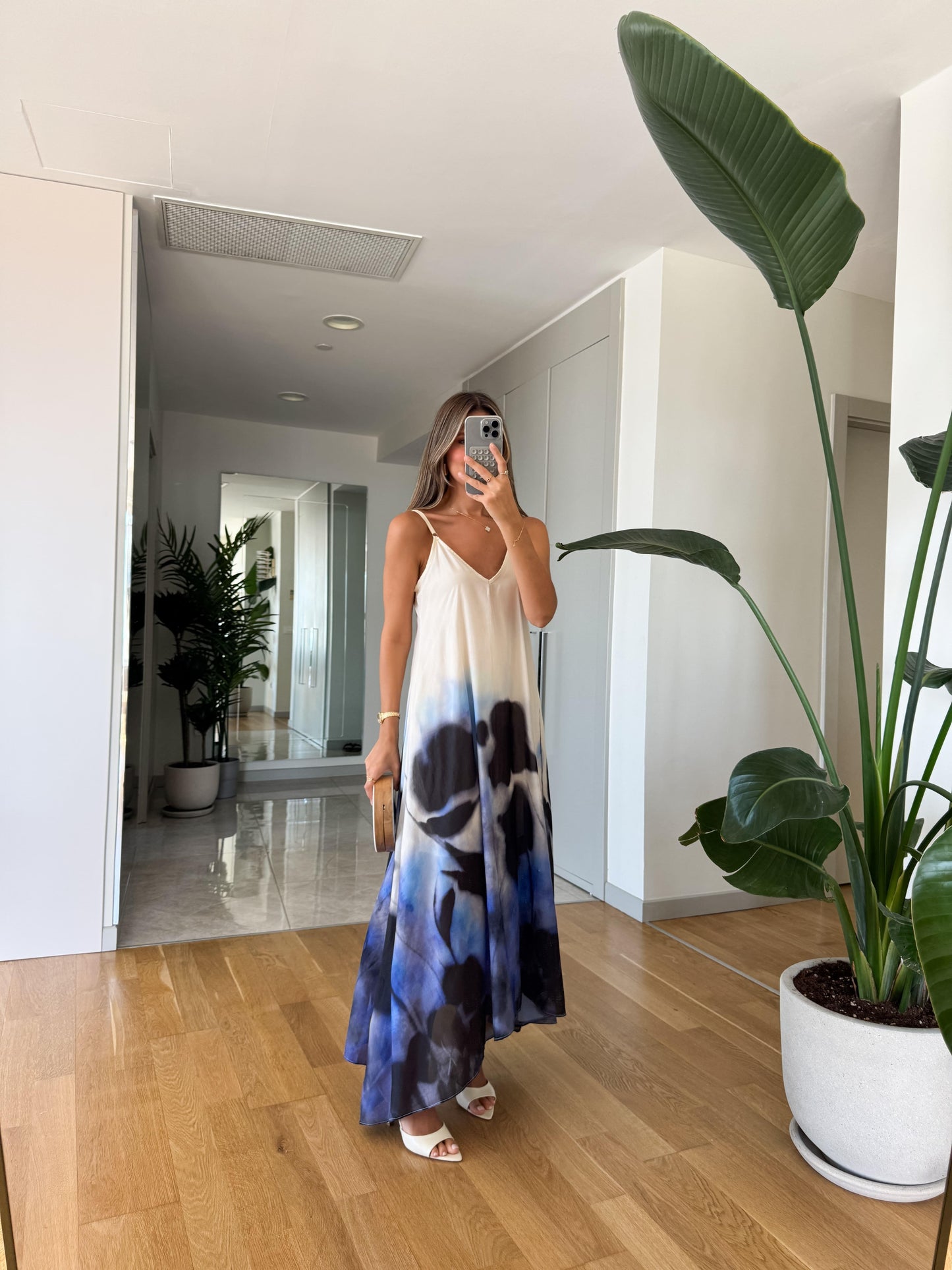 White And Blue Tie Dye Spaghetti Strap Asymmetric Maxi Dress - WOOLX
