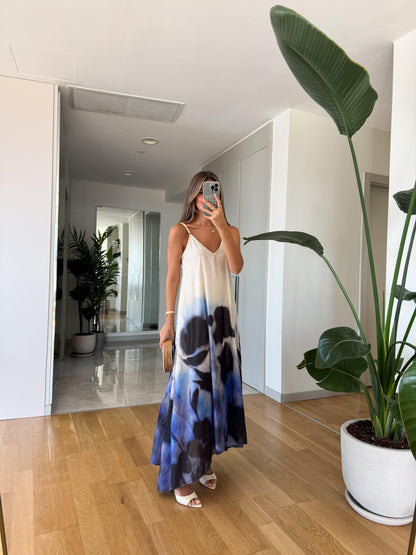 White And Blue Tie Dye Spaghetti Strap Asymmetric Maxi Dress - WOOLX