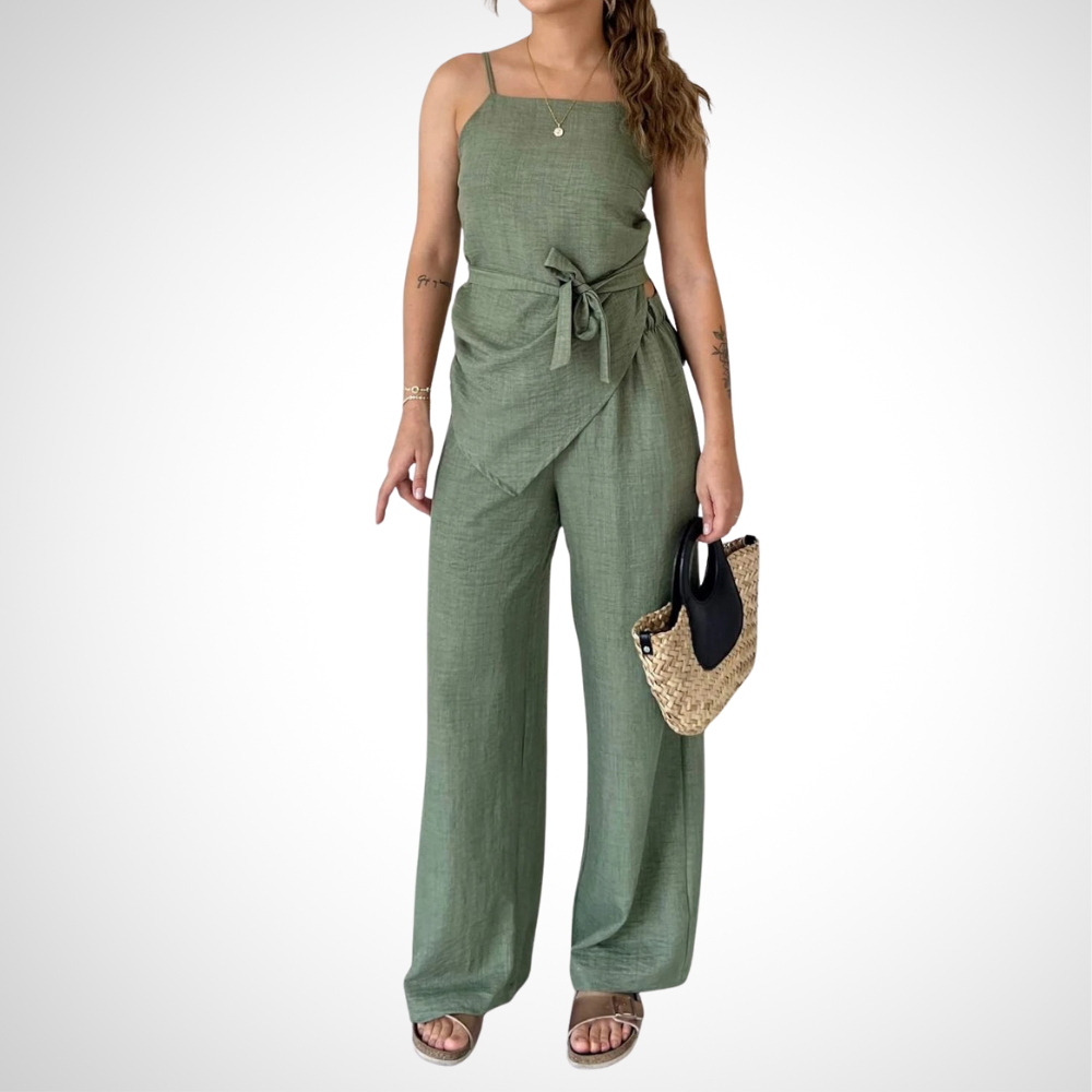 Spaghetti Strap Wrap Waist Linen Set - WOOLX