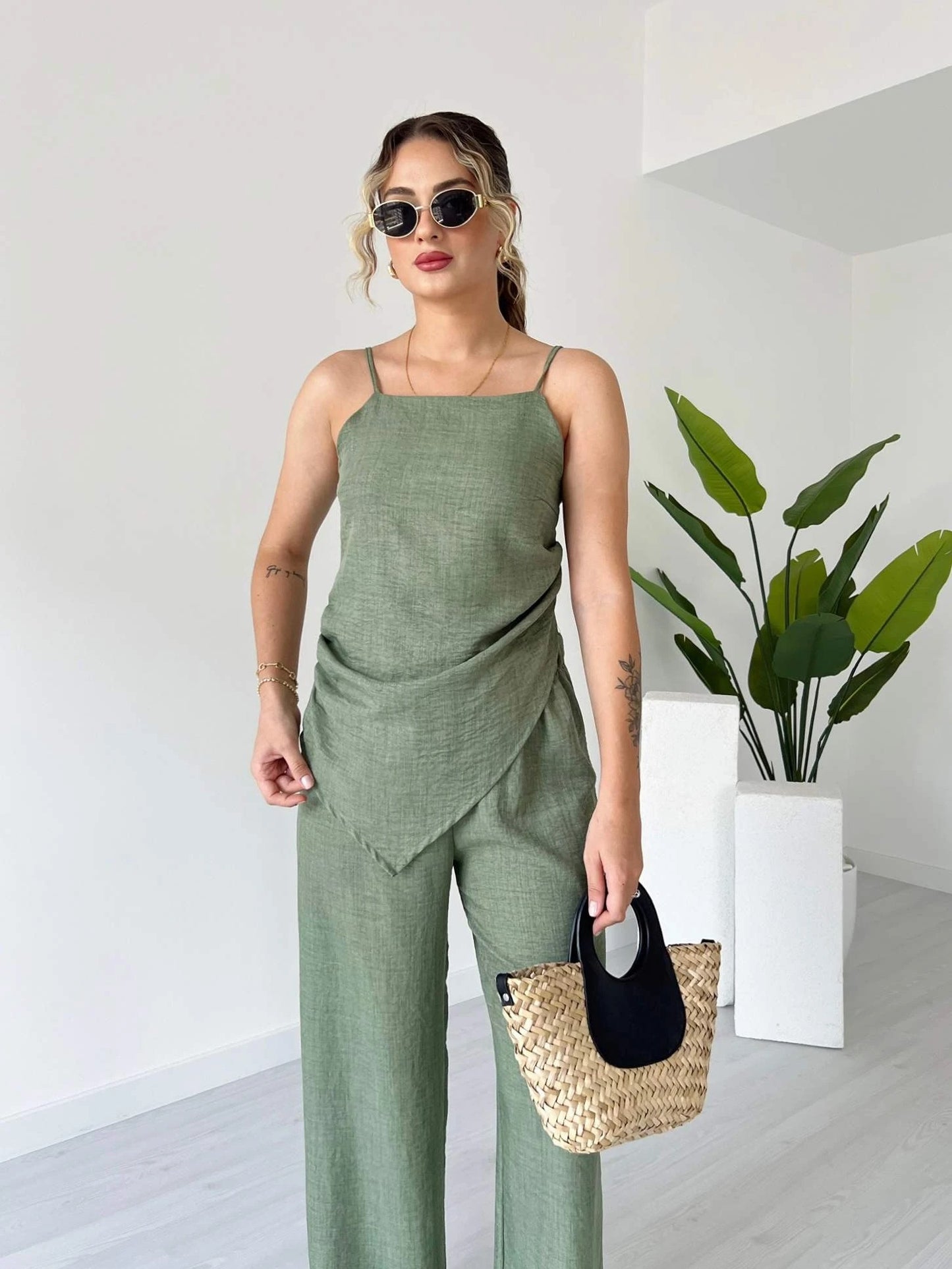 Spaghetti Strap Wrap Waist Linen Set - WOOLX