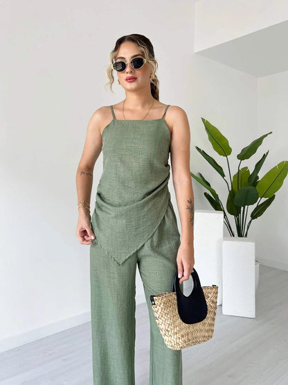 Spaghetti Strap Wrap Waist Linen Set - WOOLX