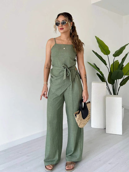 Spaghetti Strap Wrap Waist Linen Set - WOOLX