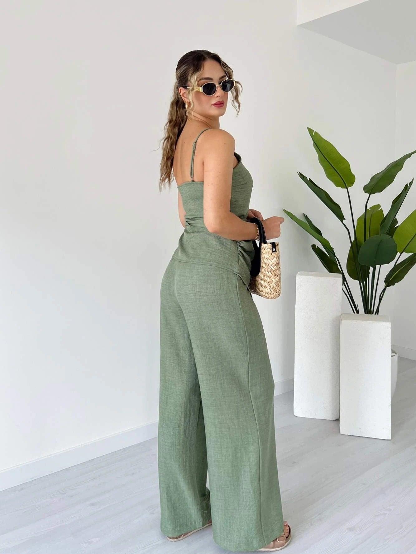 Spaghetti Strap Wrap Waist Linen Set - WOOLX