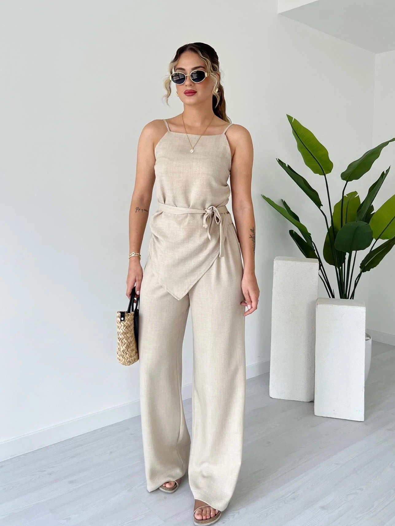 Spaghetti Strap Wrap Waist Linen Set - WOOLX