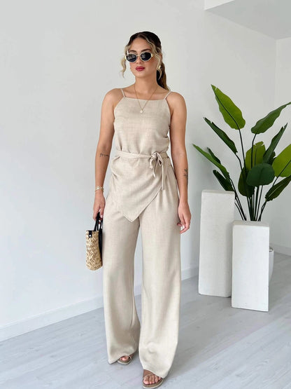 Spaghetti Strap Wrap Waist Linen Set - WOOLX