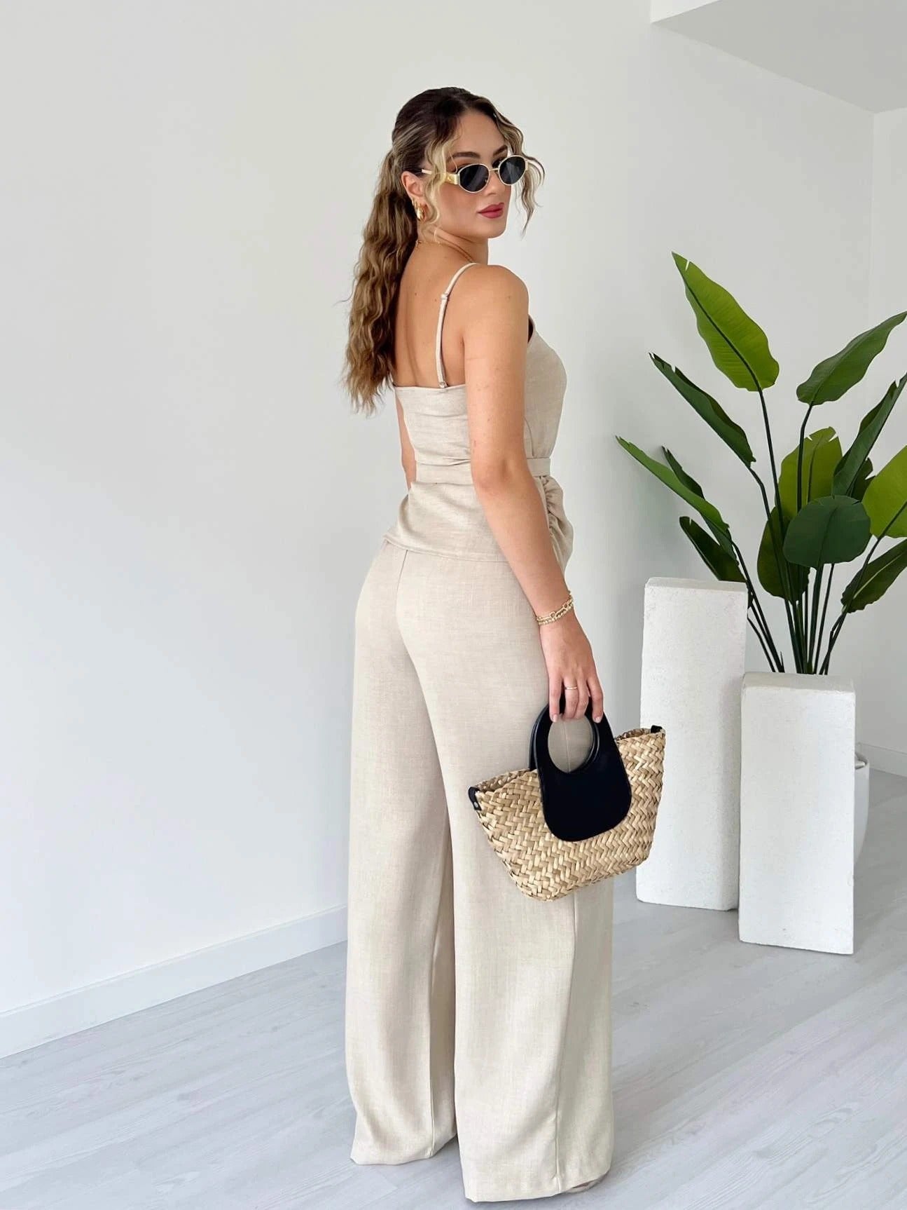 Spaghetti Strap Wrap Waist Linen Set - WOOLX