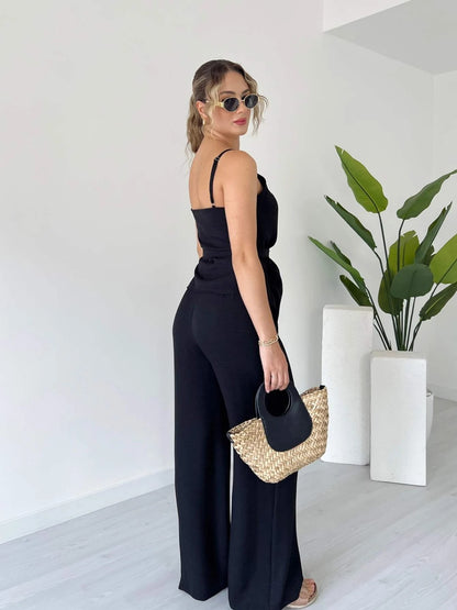 Spaghetti Strap Wrap Waist Linen Set - WOOLX