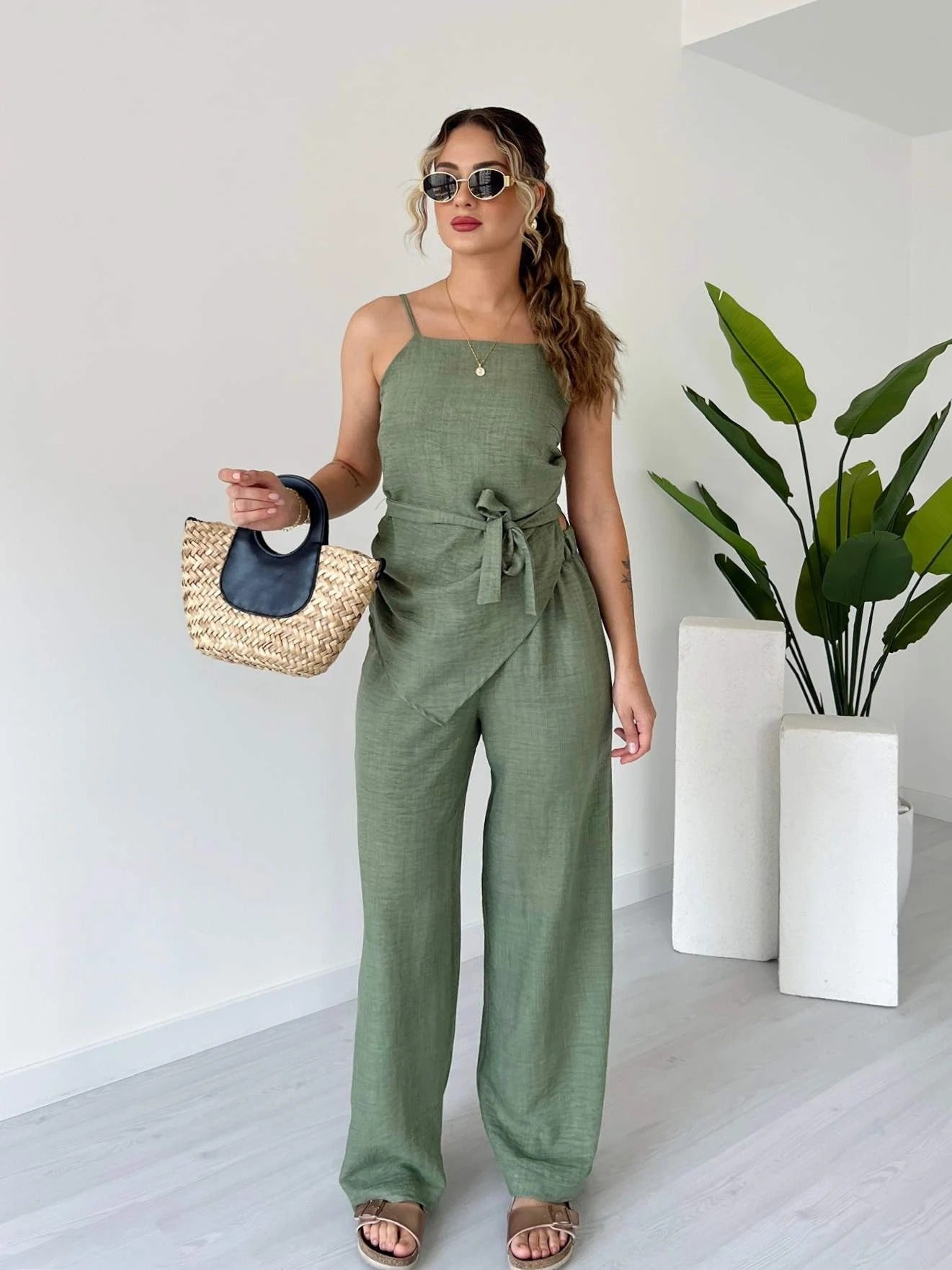 Spaghetti Strap Wrap Waist Linen Set - WOOLX