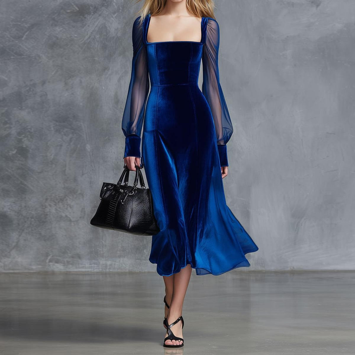 Royal Blue Square Neck Velvet Dress With Sheer Puff Sleeves - WOOLX