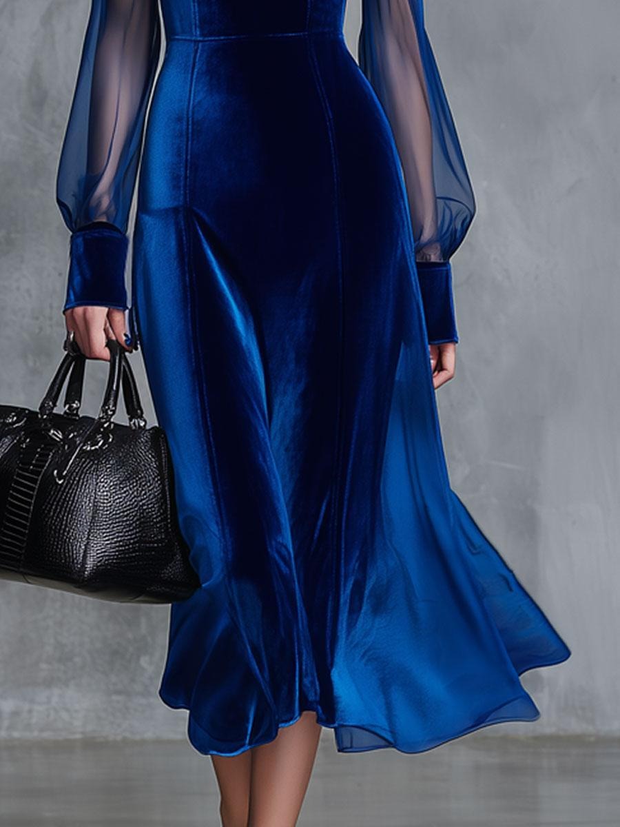 Royal Blue Square Neck Velvet Dress With Sheer Puff Sleeves - WOOLX