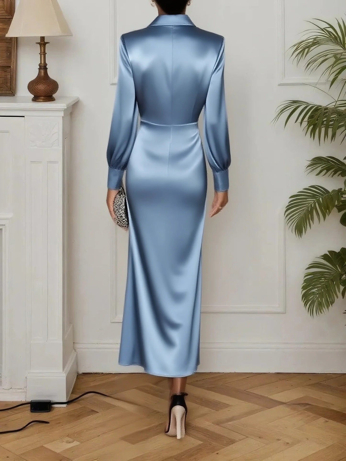 Light Blue Satin Shirt - Dress With Long Sleeves - WOOLX