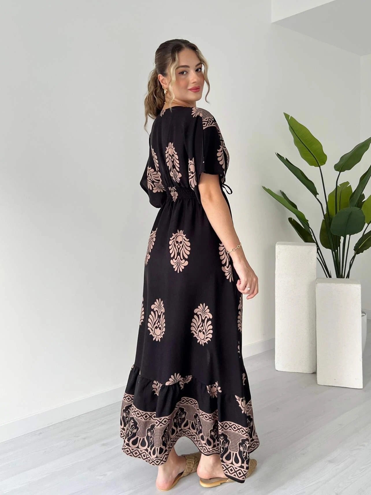 V Neck Short Sleeve Maxi Dress With White Floral And Geometric Prints - WOOLX