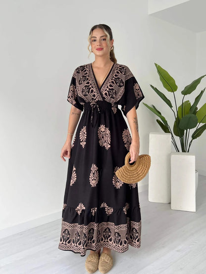 V Neck Short Sleeve Maxi Dress With White Floral And Geometric Prints - WOOLX