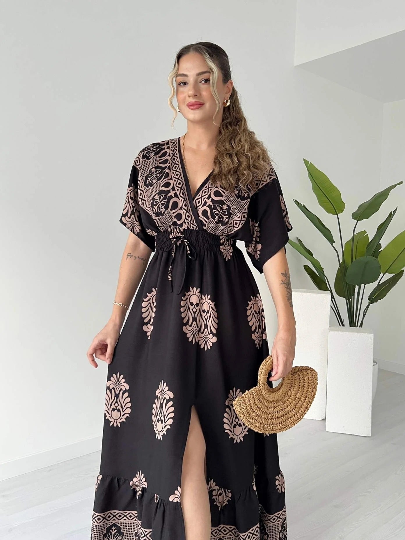 V Neck Short Sleeve Maxi Dress With White Floral And Geometric Prints - WOOLX