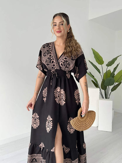 V Neck Short Sleeve Maxi Dress With White Floral And Geometric Prints - WOOLX