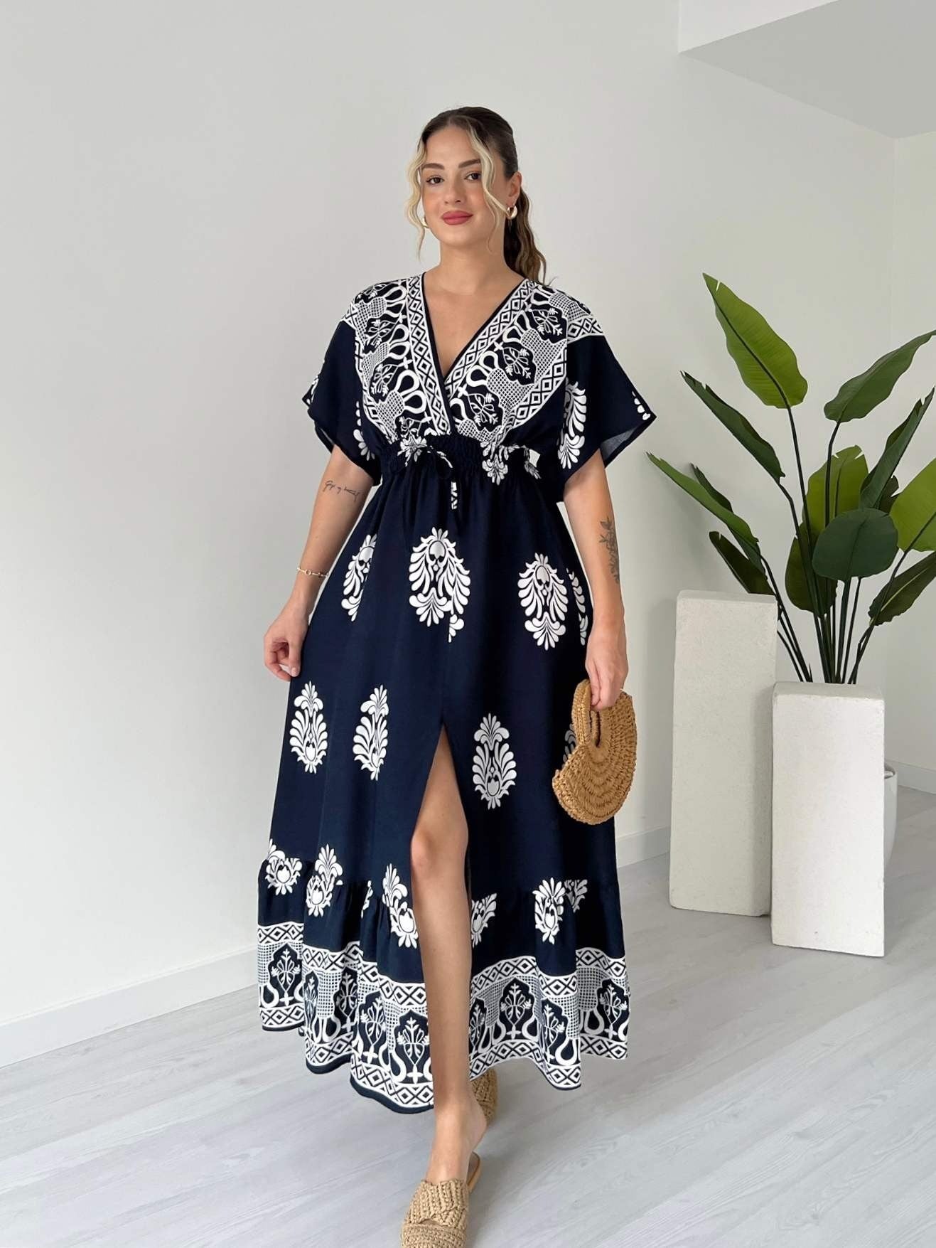 V Neck Short Sleeve Maxi Dress With White Floral And Geometric Prints - WOOLX