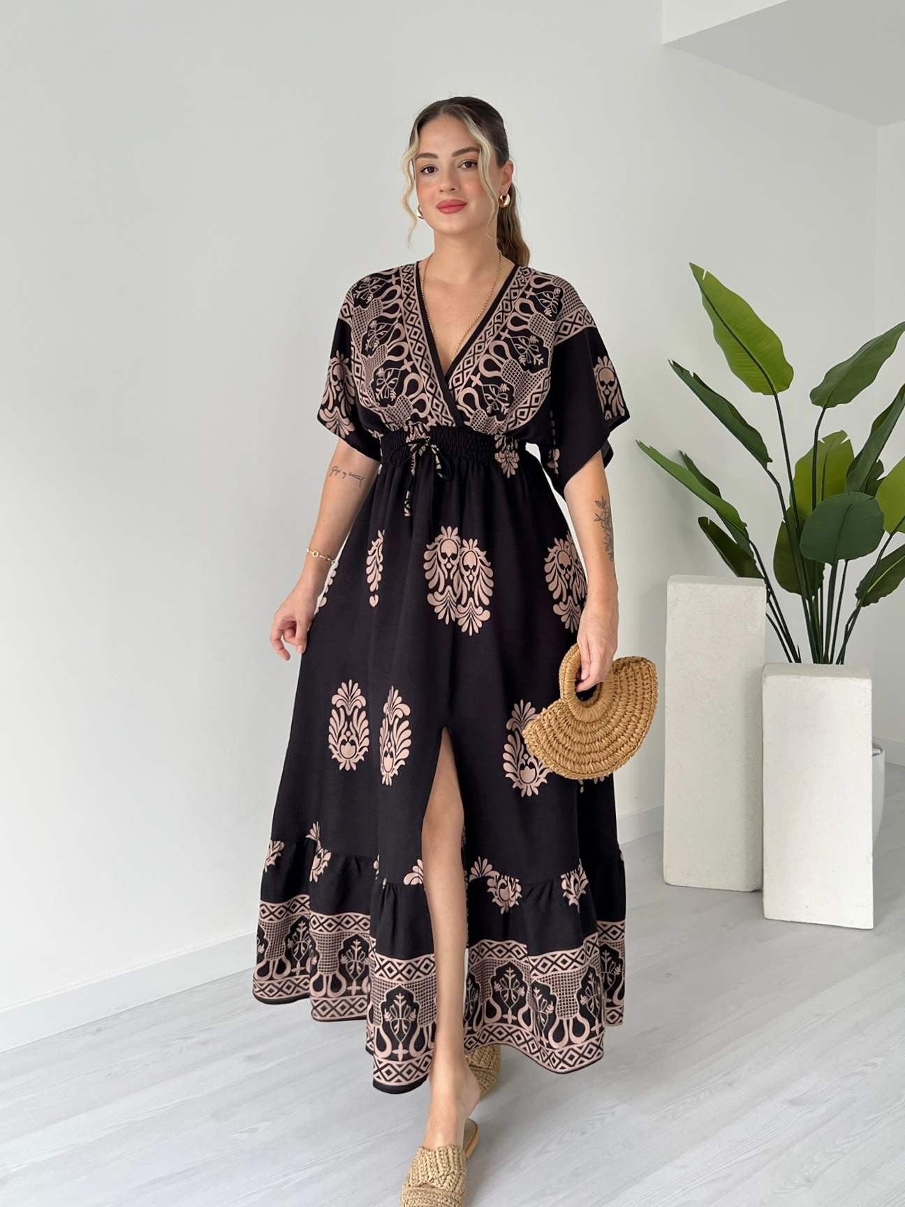 V Neck Short Sleeve Maxi Dress With White Floral And Geometric Prints - WOOLX