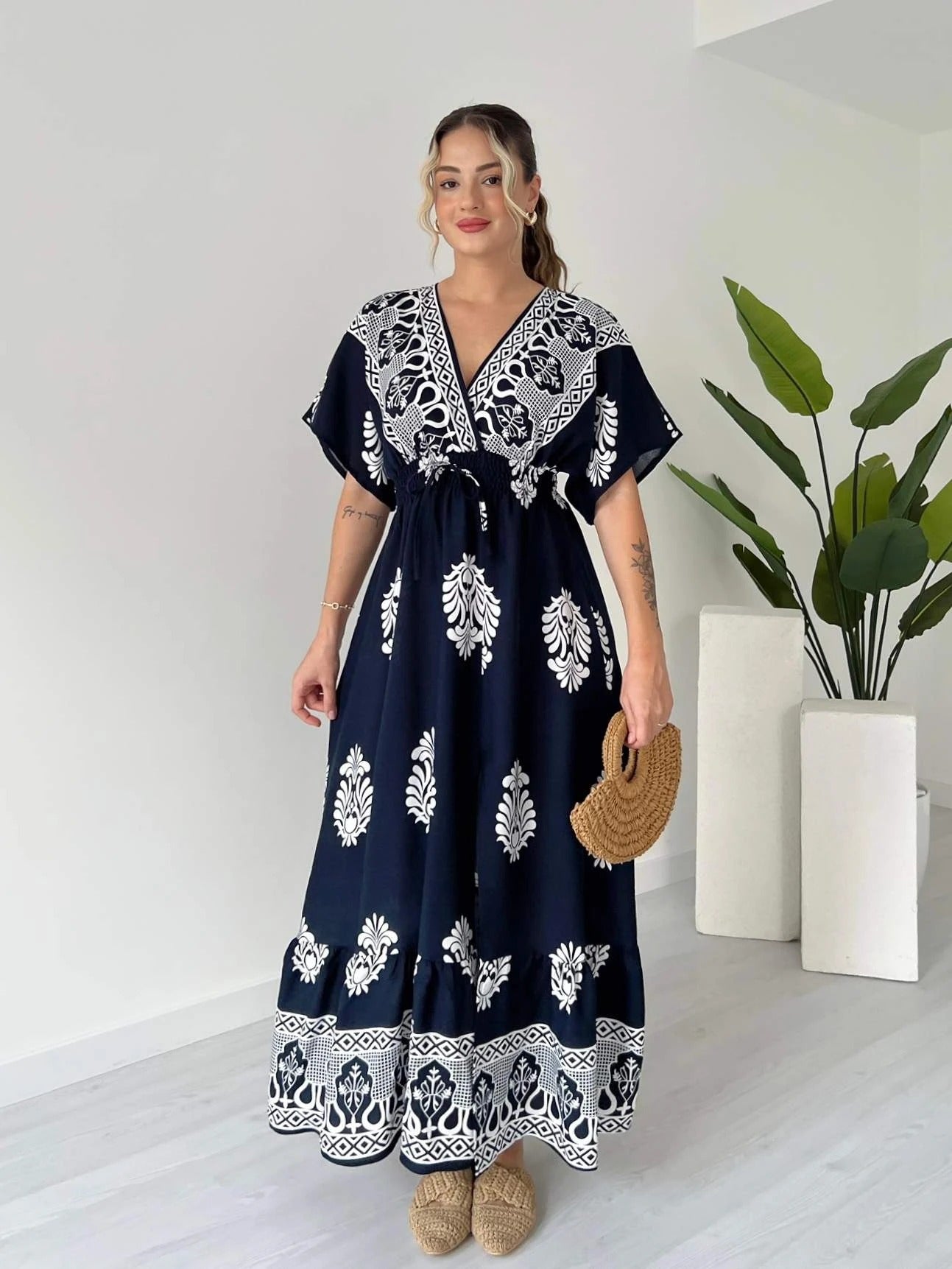 V Neck Short Sleeve Maxi Dress With White Floral And Geometric Prints - WOOLX