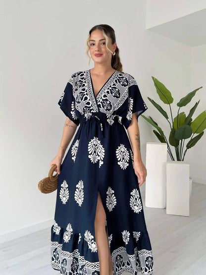 V Neck Short Sleeve Maxi Dress With White Floral And Geometric Prints - WOOLX