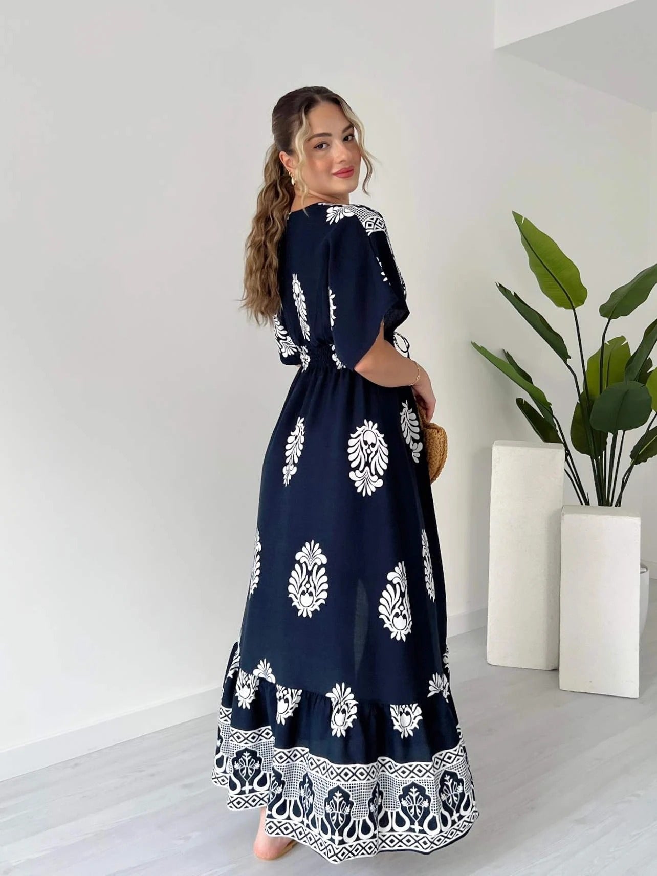 V Neck Short Sleeve Maxi Dress With White Floral And Geometric Prints - WOOLX