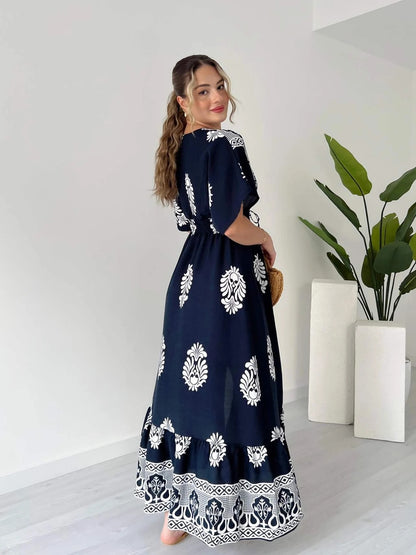 V Neck Short Sleeve Maxi Dress With White Floral And Geometric Prints - WOOLX