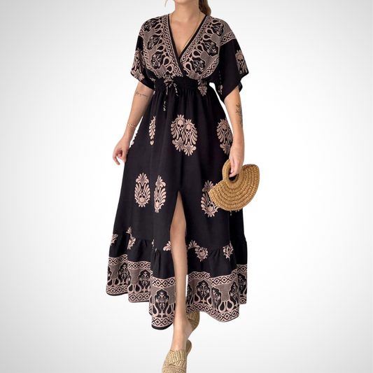 V Neck Short Sleeve Maxi Dress With White Floral And Geometric Prints - WOOLX