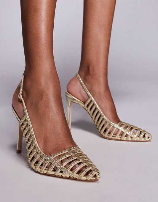 Golden Glittered Strappy Point Toe Stiletto Heel Slingback Pumps - WOOLX