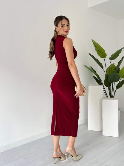 Burgundy Asymmetric Neck Ruched Sheath Midi Dress - WOOLX
