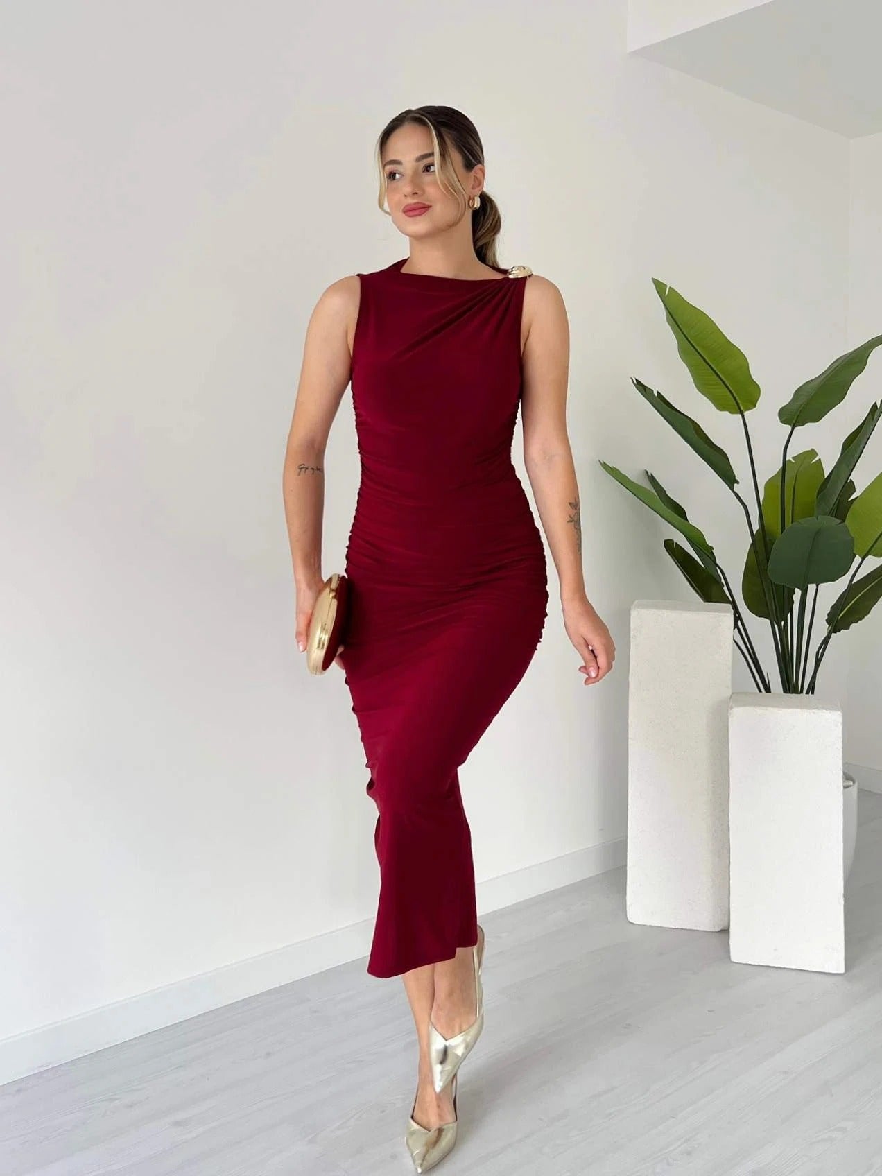 Burgundy Asymmetric Neck Ruched Sheath Midi Dress - WOOLX