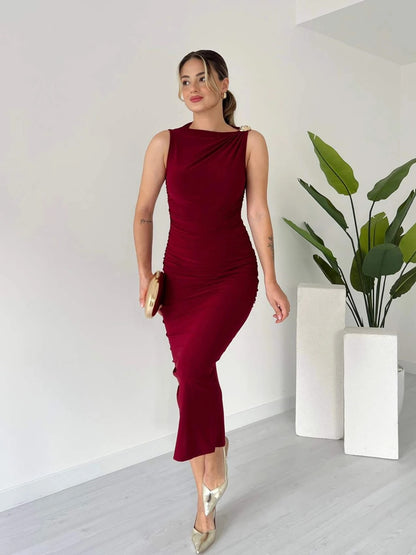 Burgundy Asymmetric Neck Ruched Sheath Midi Dress - WOOLX