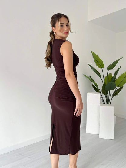 Burgundy Asymmetric Neck Ruched Sheath Midi Dress - WOOLX