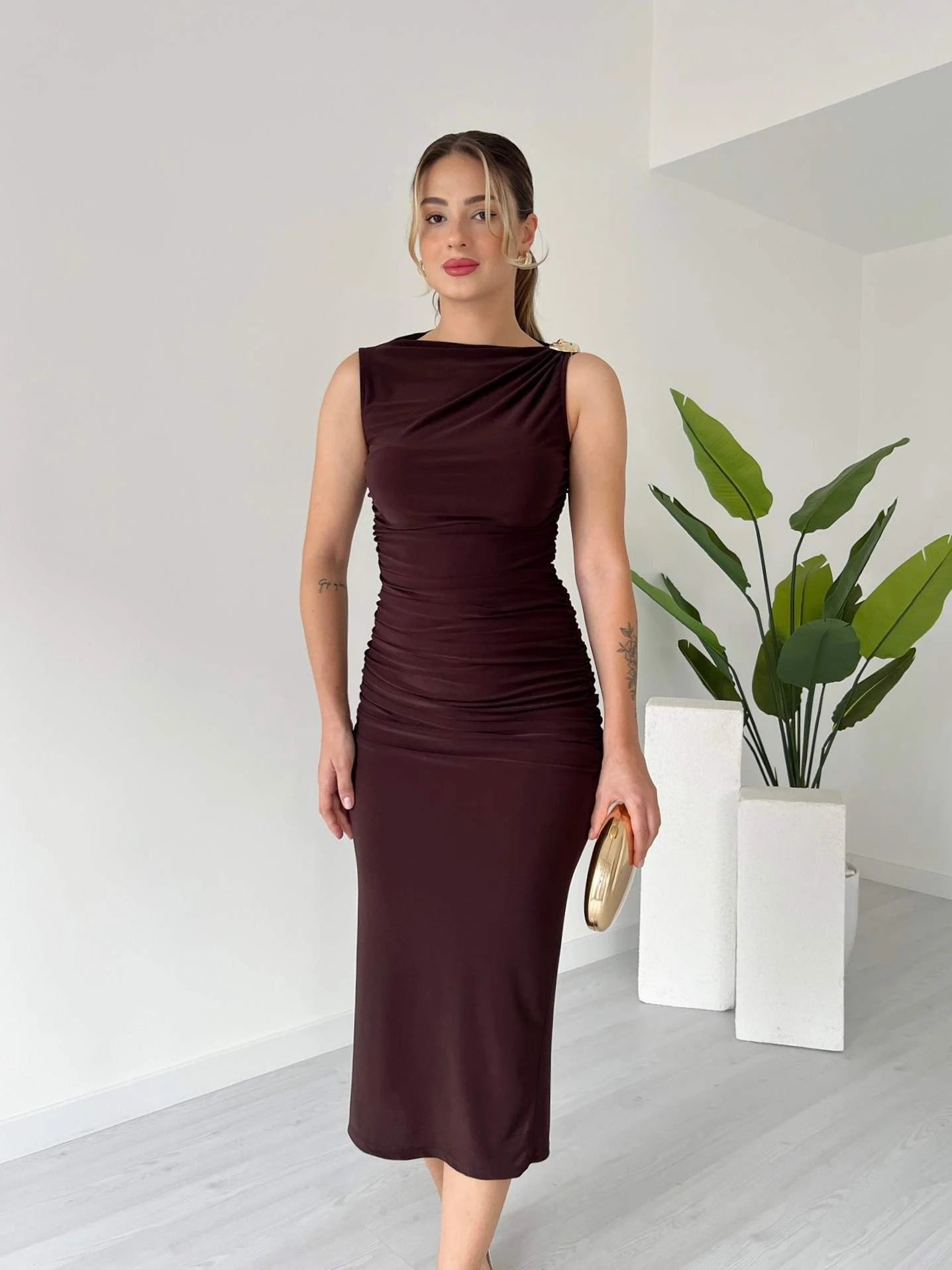 Burgundy Asymmetric Neck Ruched Sheath Midi Dress - WOOLX