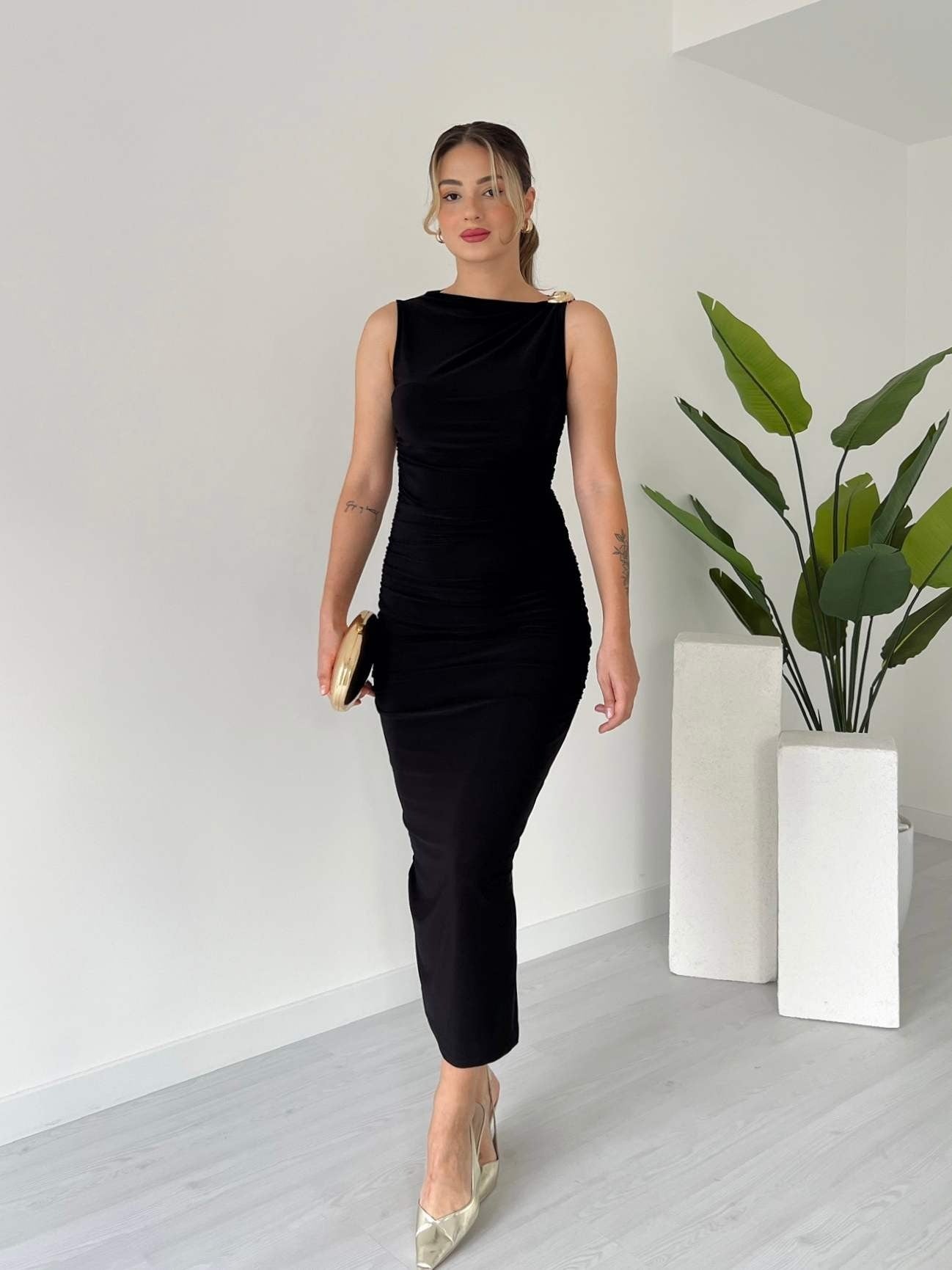 Burgundy Asymmetric Neck Ruched Sheath Midi Dress - WOOLX