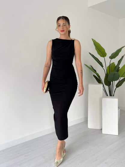 Burgundy Asymmetric Neck Ruched Sheath Midi Dress - WOOLX