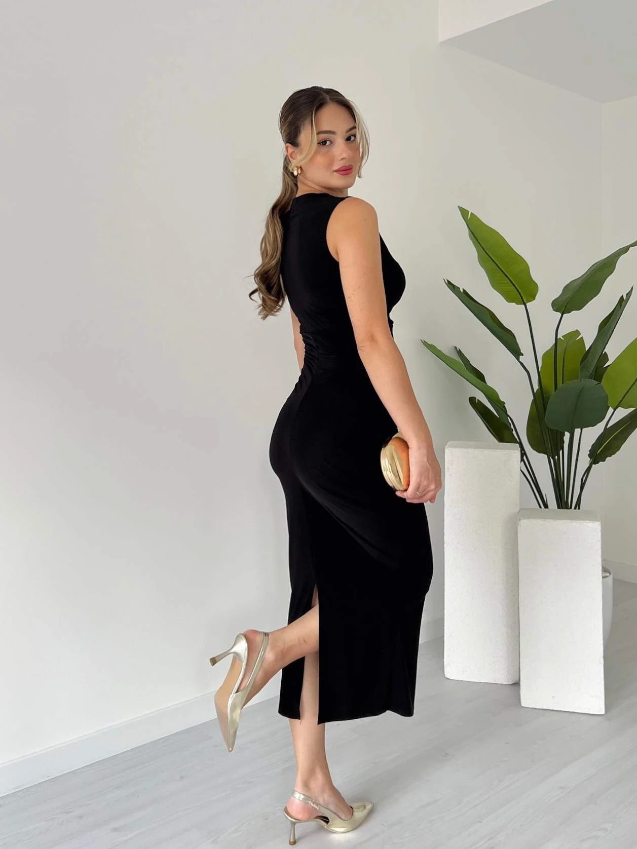 Burgundy Asymmetric Neck Ruched Sheath Midi Dress - WOOLX