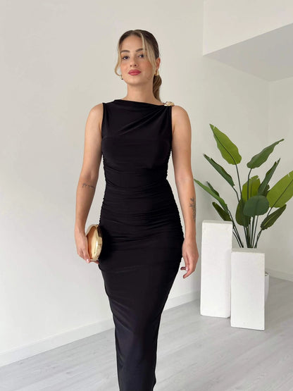 Burgundy Asymmetric Neck Ruched Sheath Midi Dress - WOOLX