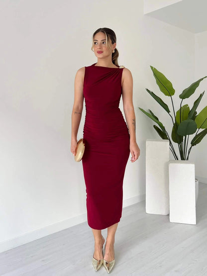 Burgundy Asymmetric Neck Ruched Sheath Midi Dress - WOOLX