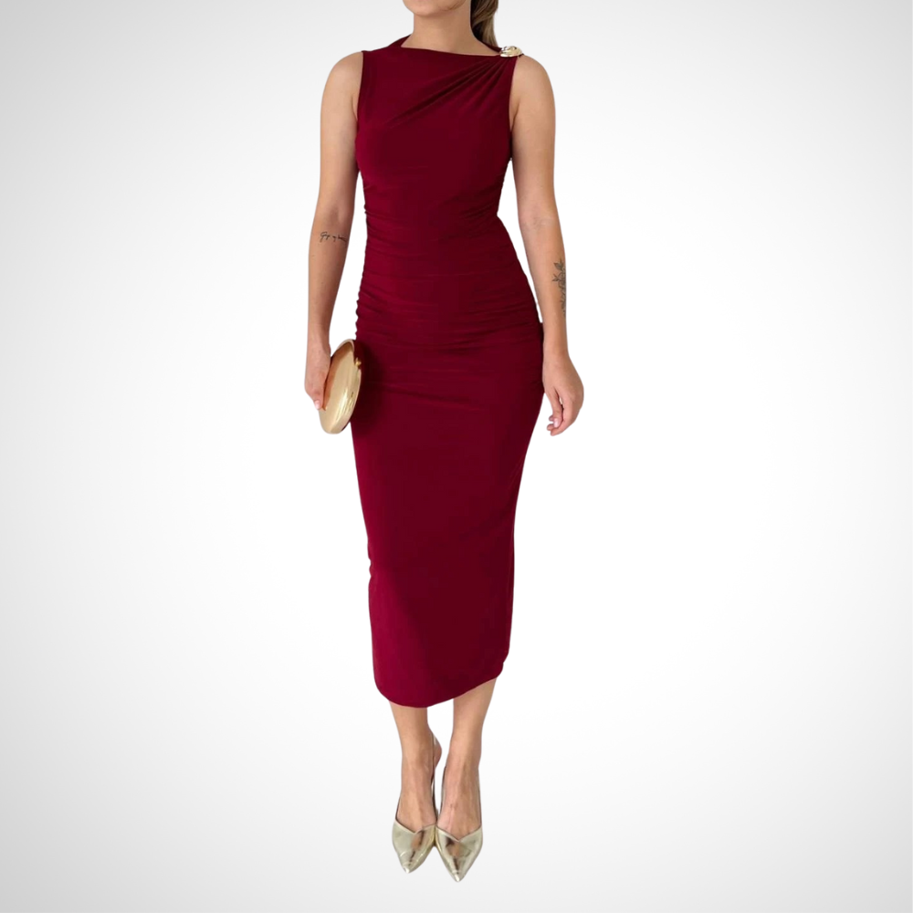 Burgundy Asymmetric Neck Ruched Sheath Midi Dress - WOOLX