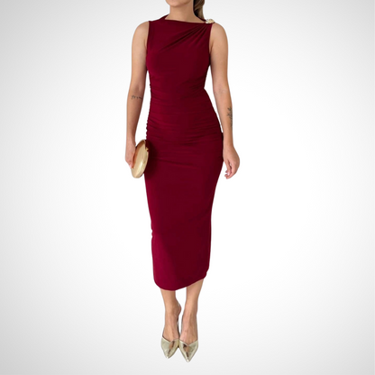 Burgundy Asymmetric Neck Ruched Sheath Midi Dress - WOOLX