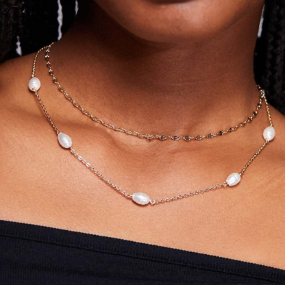 Two Layered Gold Plated Chain Necklace With Freshwater Pearl Accents - WOOLX