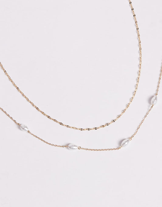 Two Layered Gold Plated Chain Necklace With Freshwater Pearl Accents - WOOLX