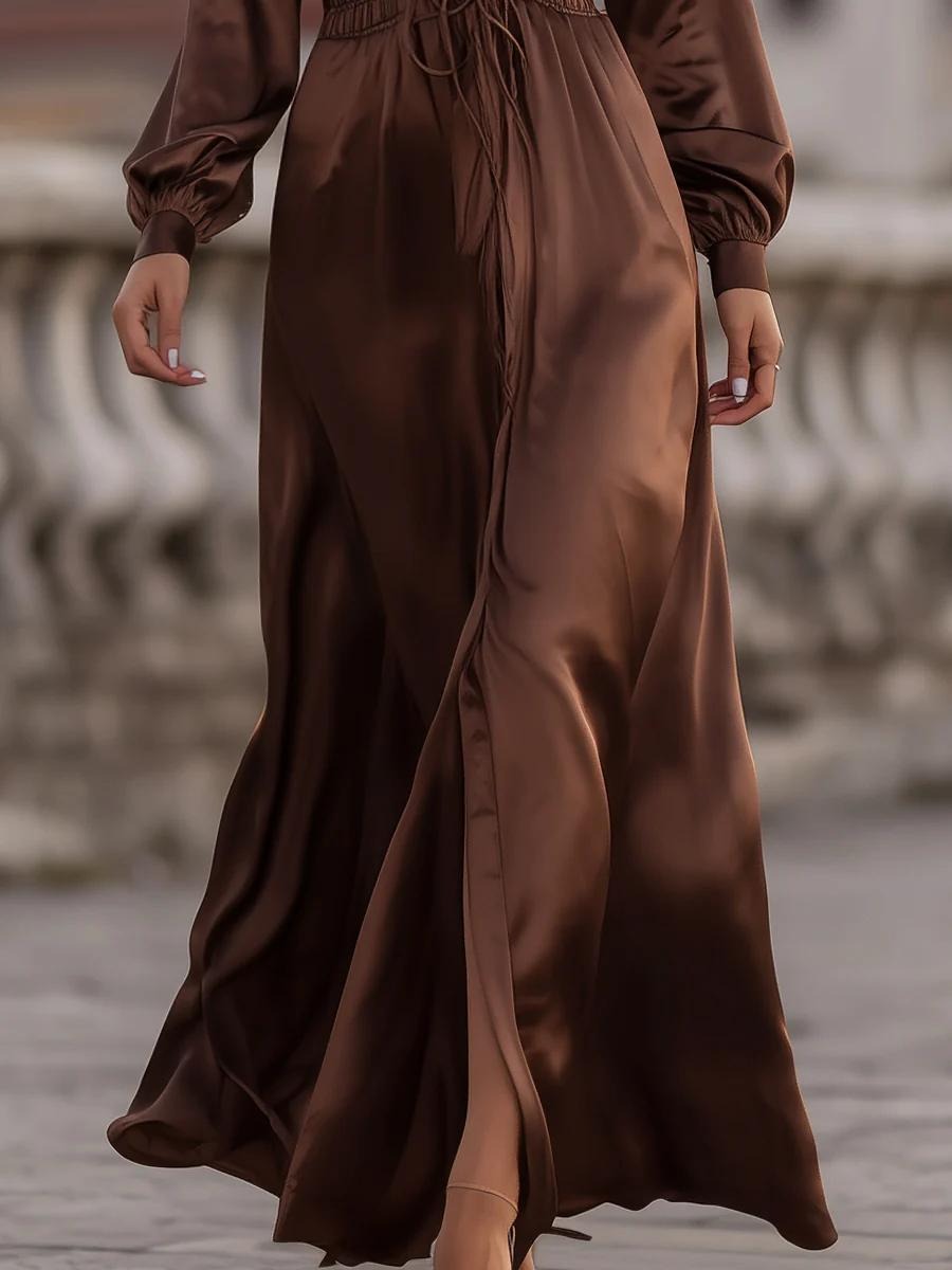 Coffee Long Sleeve Plain Maxi Dress - WOOLX