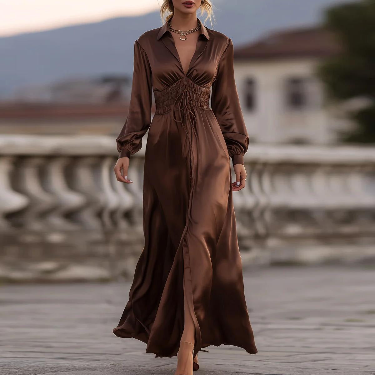 Coffee Long Sleeve Plain Maxi Dress - WOOLX