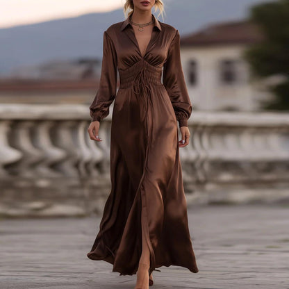 Coffee Long Sleeve Plain Maxi Dress - WOOLX